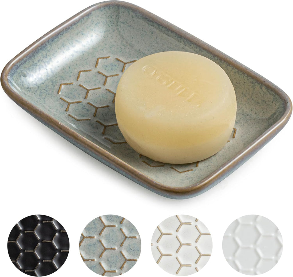 Gomakren Ceramic Soap Dish for Shower, Honeycomb Soap Tray 5.5 Inch, Gray