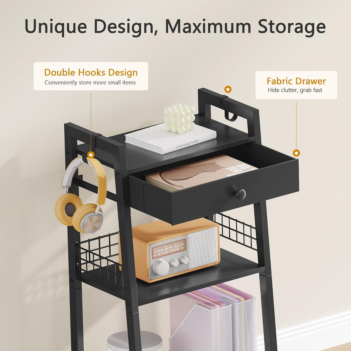Gewudraw Bathroom Ladder Shelf with Drawer, 3-Tier Bathroom Storage, Black