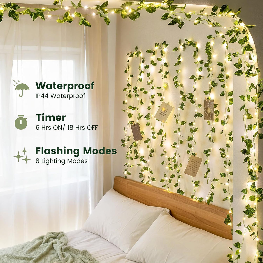 HEYFUNi 23ft Pre-Wrapped Pothos Vine with Fairy Lights USB Battery Operated