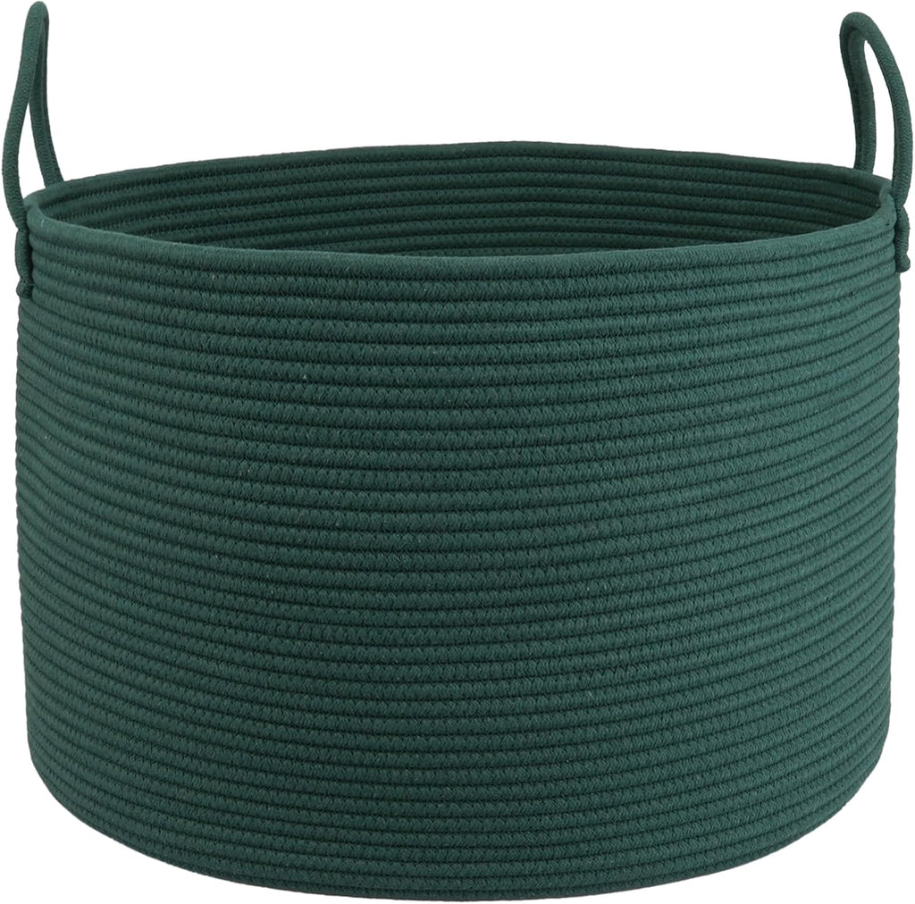 XUANGUO 66L Large Blanket Basket, Round Cotton Rope Basket, Dark Green