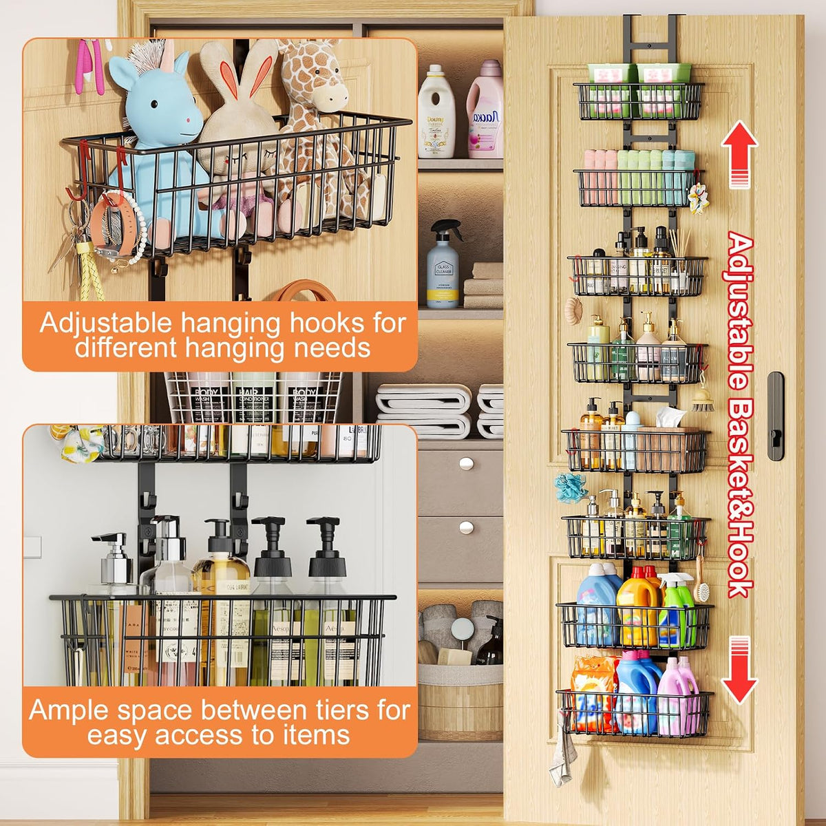 Hongtamoya 8 Tier Over The Door Organizer, Adjustable Hanging Door Organizer with 8 Wire Baskets 6 Hooks, Behind The Door Storage for Pantry Closet Bedroom Bathroom Cabinet Kitchen Laundry Room, Black