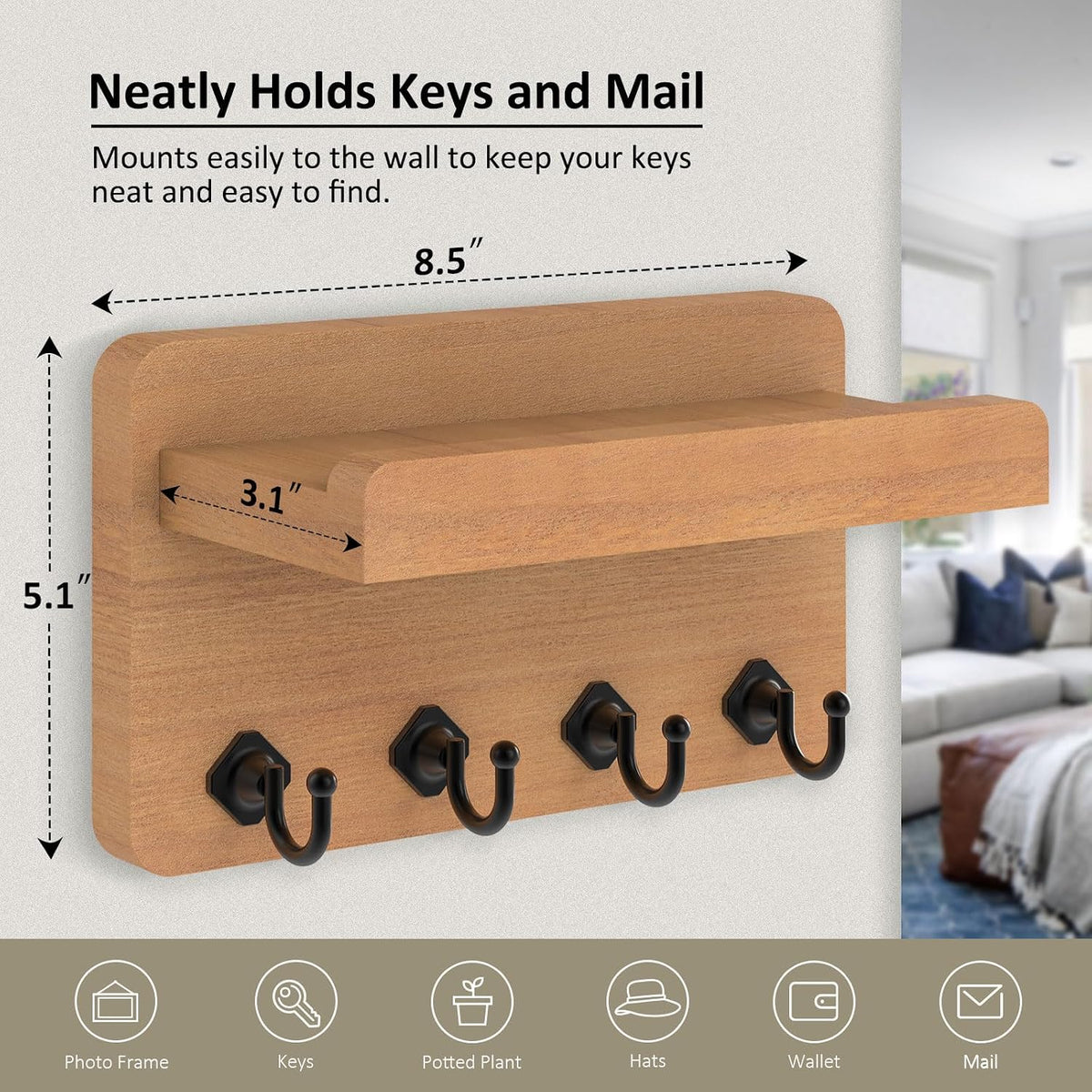 Nekon Key Holder Wall Mount, 8.5 Inch Small Wooden Wall Organizer, Wood