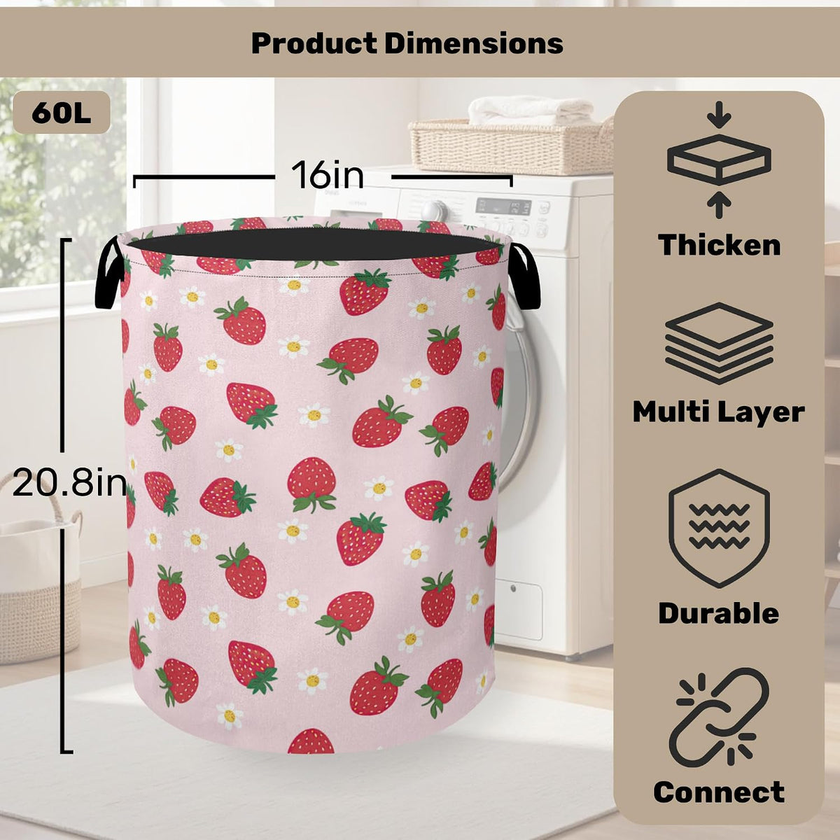 Cute Pink Strawberry Laundry Basket, Extra Large Foldable Hamper for Bathroom/Laundry/Bedroom/Dorm, Washable Fabric Storage Bin with Handle