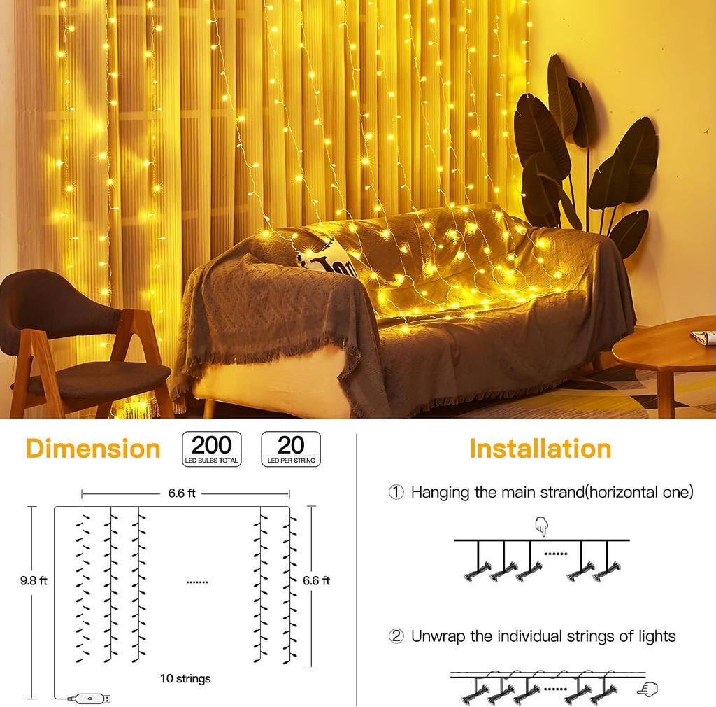 Ollny Curtain Lights 6.6x6.6ft, 200 LED String Lights with Remote 8 Modes Dimmable Timer, USB Power Fairy Light for Bedroom Backdrop Indoor Wall Window Christmas Decorations, Warm White (Pack of 2)