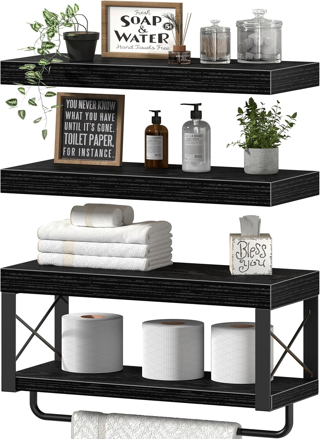 QEEIG Bathroom Shelves Over Toilet (Black, Set of 3, 15.7")