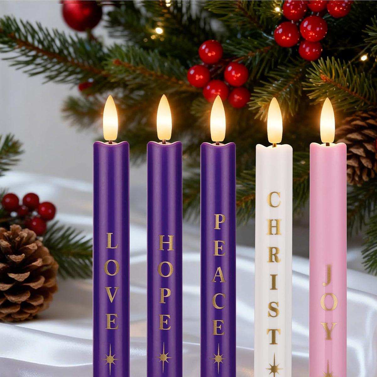 Advent Candles Set of 5, Flameless Taper Candles with Remote, Christmas Purple and Pink Battery Operated Advent Candlestick for Thanksgiving Xmas Advent Wreath Decor, 9.7"
