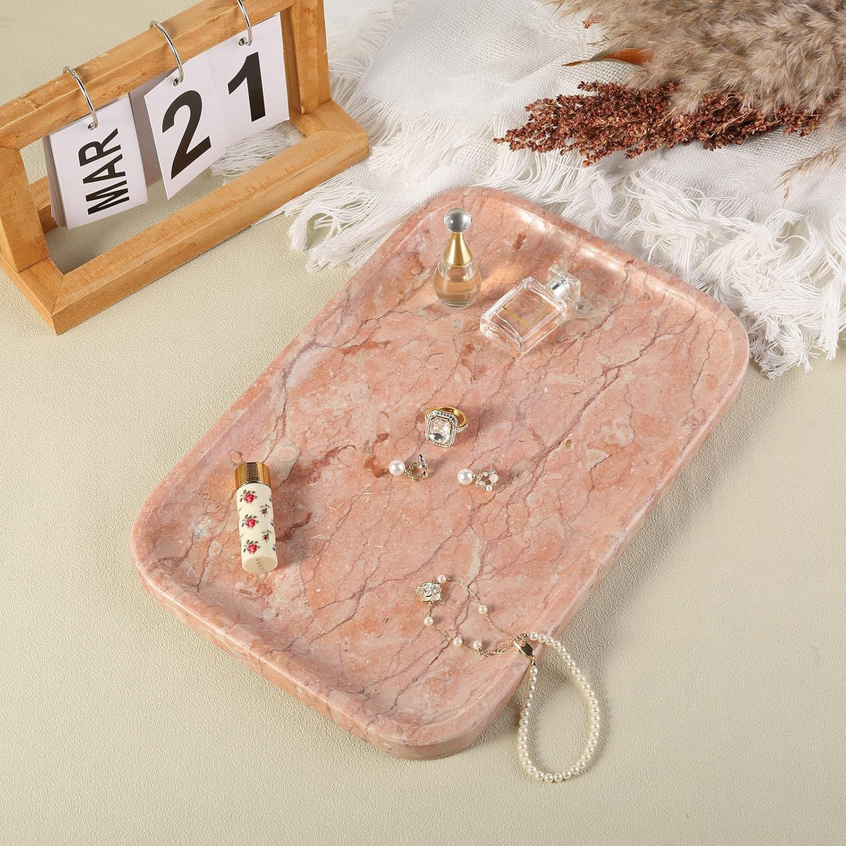 Karibiber Marble Vanity Tray, Bathroom Tray for Countertop, Decoration Dresser Organizer, Perfume, Jewelry Holder, Red Stone Serving for Kitchen Sink Storage(Spring Rose)