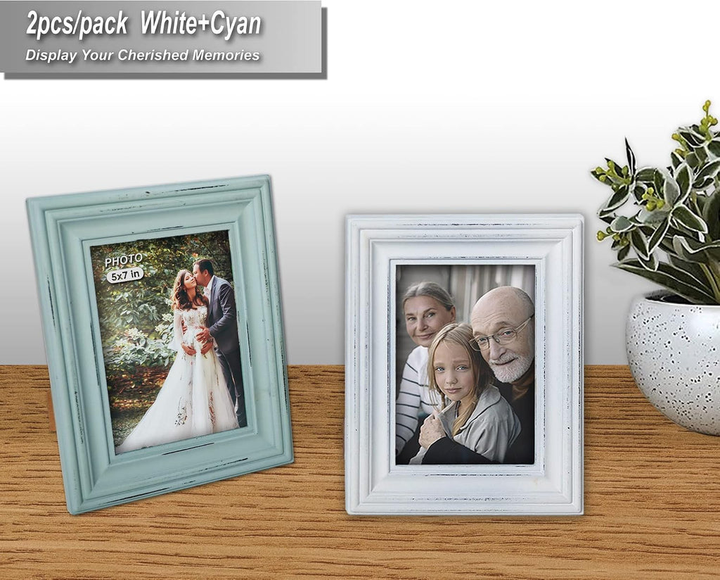 Buecasa Wooden Picture Frames 5x7 Inches Pack of 2 Vintage Aqua and White