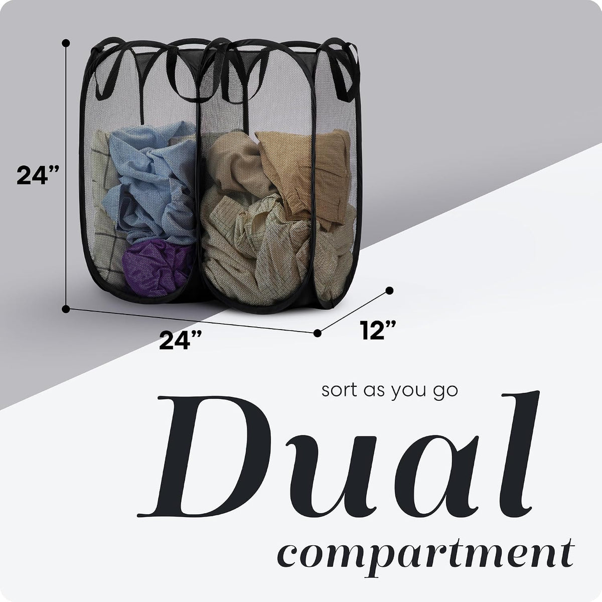 Handy Laundry Double Pop Up Laundry Hamper, 2 Section Mesh, Black