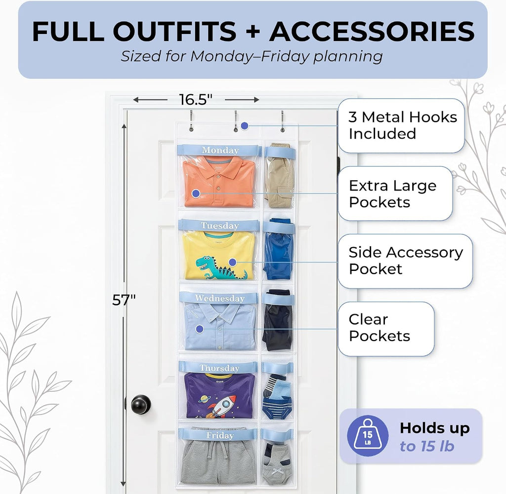 Over the Door Weekly Clothes Organizer for Kids, Days of the Week (Blue)