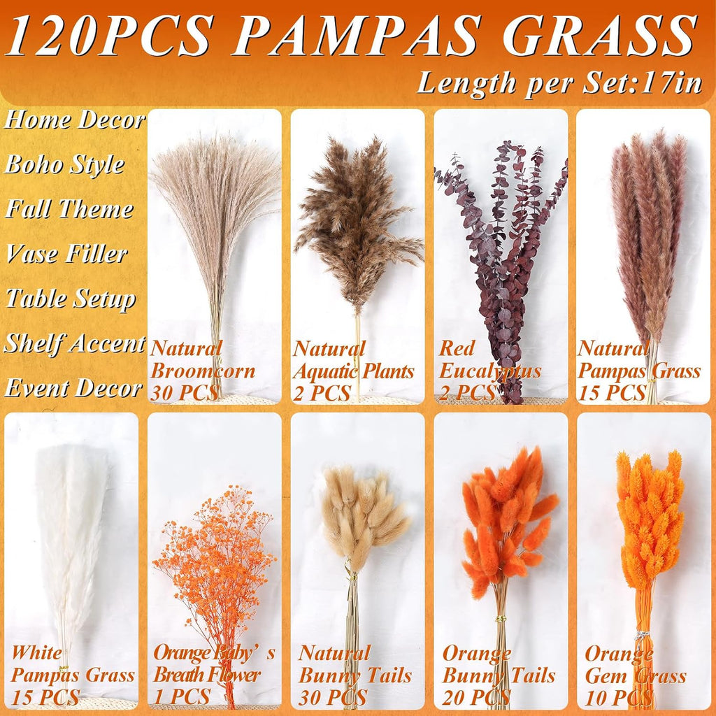 120Pcs 17" Orange Dried Pampas Grass Bouquet, Boho Floral Home Decor
