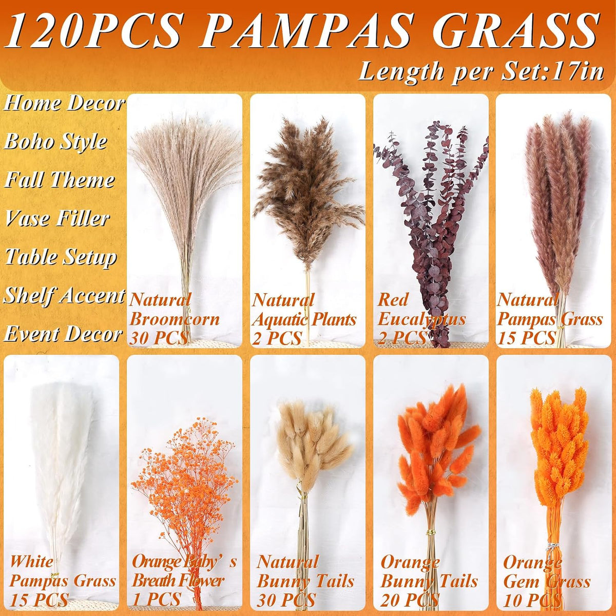 120Pcs 17" Orange Dried Pampas Grass Bouquet, Boho Floral Home Decor