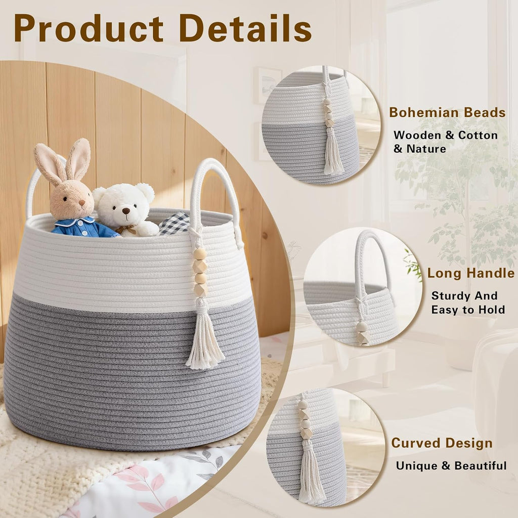 Large Nursery Hamper, 60L Blanket Basket with Handle, Baby Laundry Basket for Gift, Toy, Clothes, Woven Storage Basket with Wooden Bead Decor, Baby Hamper for Nursery (Grey)