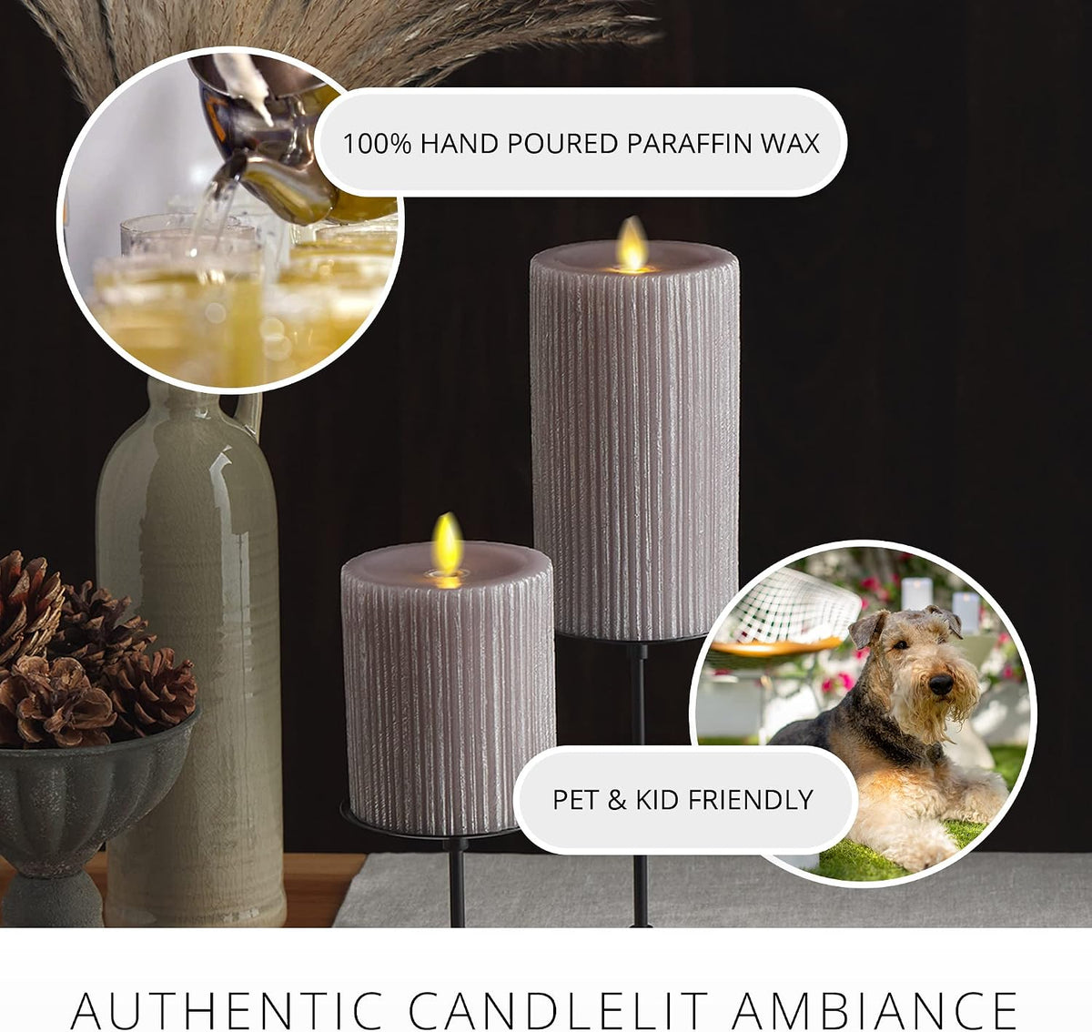 Luminara - Flameless Flickering Real Wax Moving Flame Battery Operated Unscented Candle LED Décor & Gift- Embossed Pillar Collection - Everyday Metallic Furrow, Grey (3.25" x 6.5")