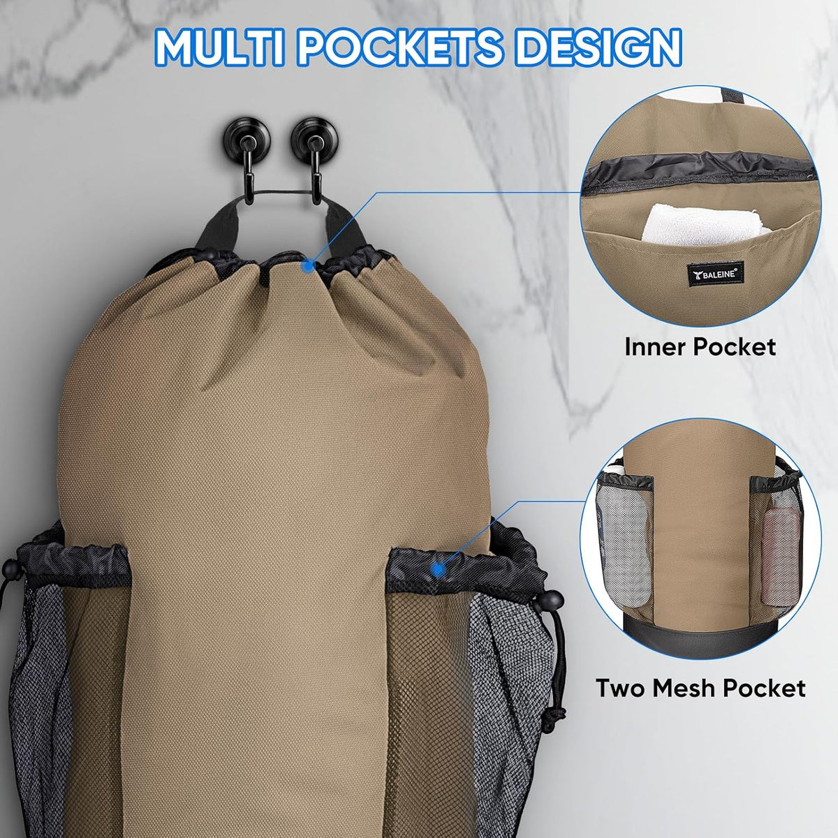 BALEINE 120L Laundry Bag Backpack, 900D Oxford Fabric Large Travel Laundry Bags with Shoulder Straps and 2 Mesh Pockets for College Dorm, Apartment, Laundromat (Khaki, 120L)