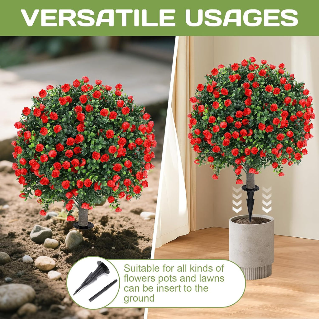 Set of 2 Artificial Red Rose Topiary Ball Tree,25" with Ground Spike