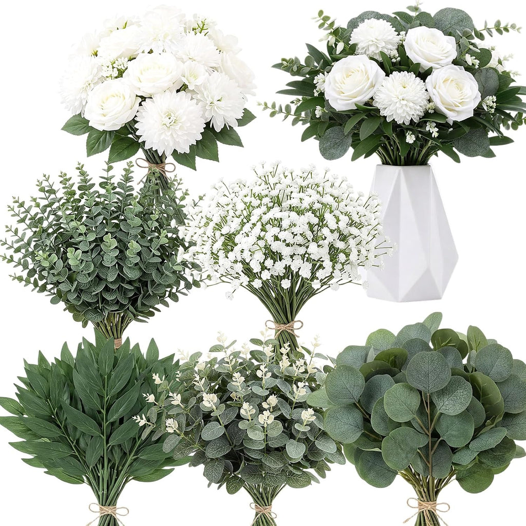 120 Pcs Green White Artificial Eucalyptus Stems and Faux Flowers, Mixed