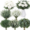 120 Pcs Green White Artificial Eucalyptus Stems and Faux Flowers, Mixed