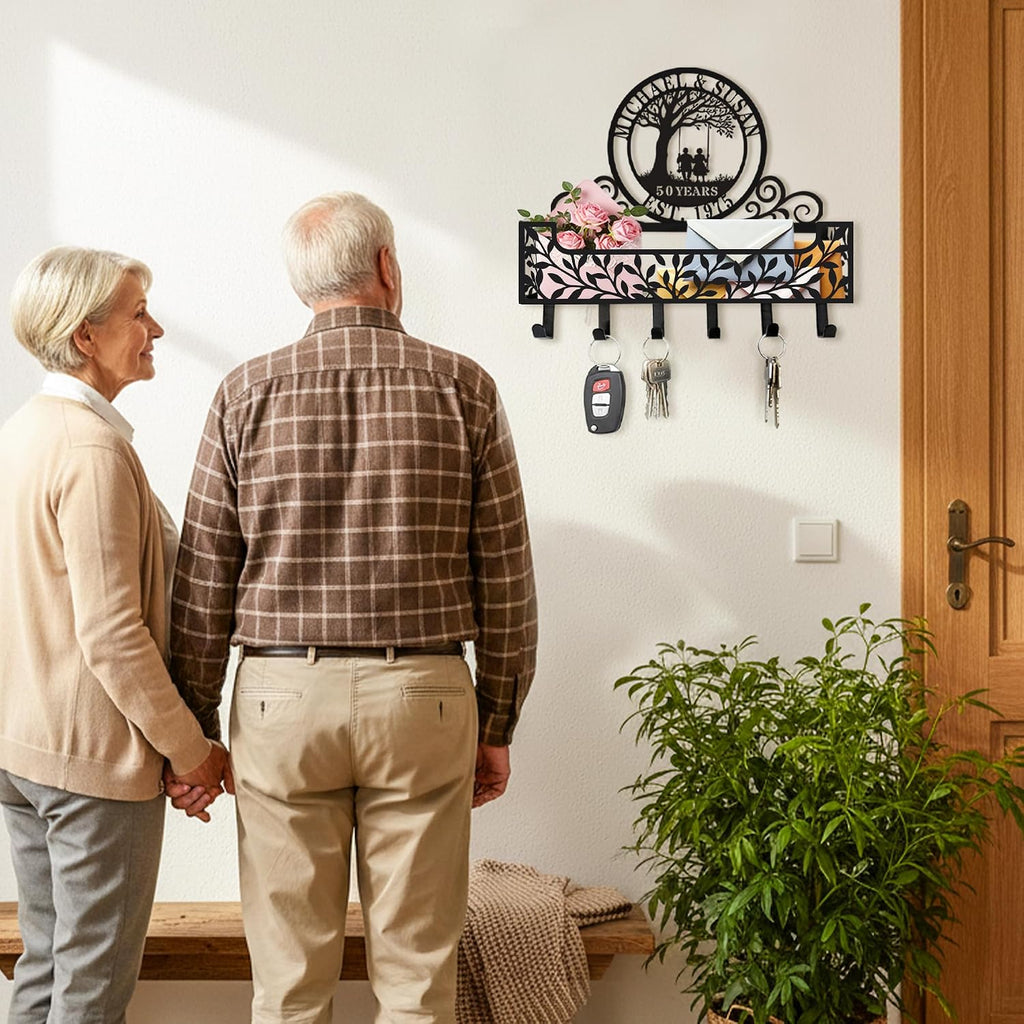 Personalized Metal Family Name Key and Mail Holder, Wall Mount Entryway Organizer with Hooks, Custom Key Rack for Kitchen, Bathroom, and Home Storage