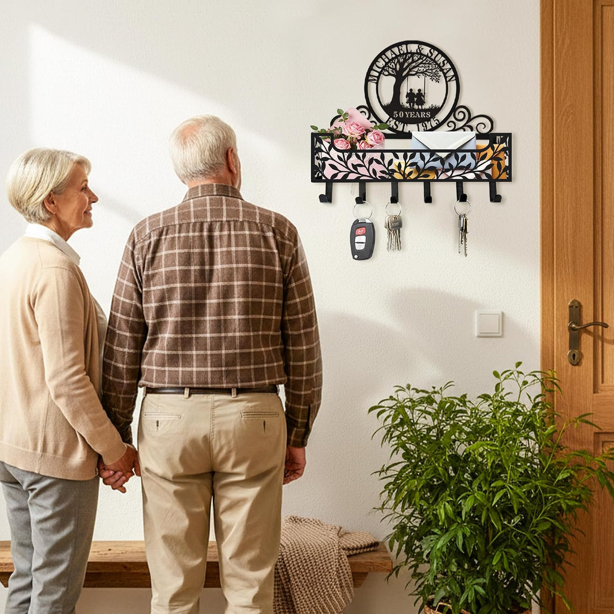 Personalized Metal Family Name Key and Mail Holder, Wall Mount Entryway Organizer with Hooks, Custom Key Rack for Kitchen, Bathroom, and Home Storage