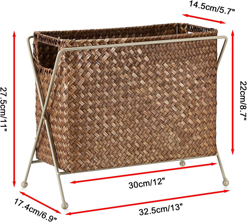 BTSKY Magazine Basket, Mail Basket for Counter, Woven Storage Bin with Metal Rack & Handle for Files, Books, Newspapers, Desktop Organizer for Office, Living Room, Dorm, Bathroom, 12"x5.7"x8.7"