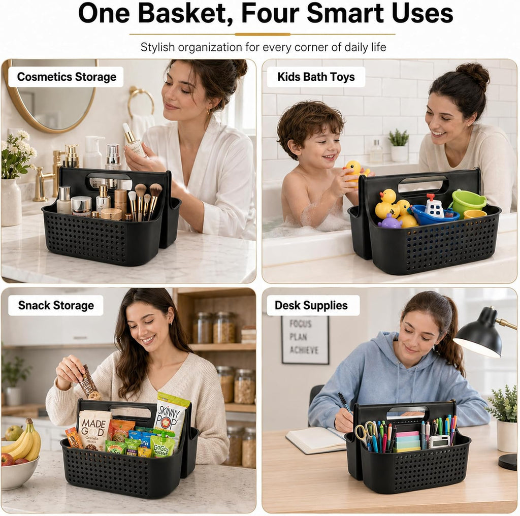 Haundry Portable Shower Caddy Basket, 2 Compartments Plastic Cleaning Caddy Organizer, Large Storage Tote with Handle for Bathroom, College, Dorm Room Essentials, Black