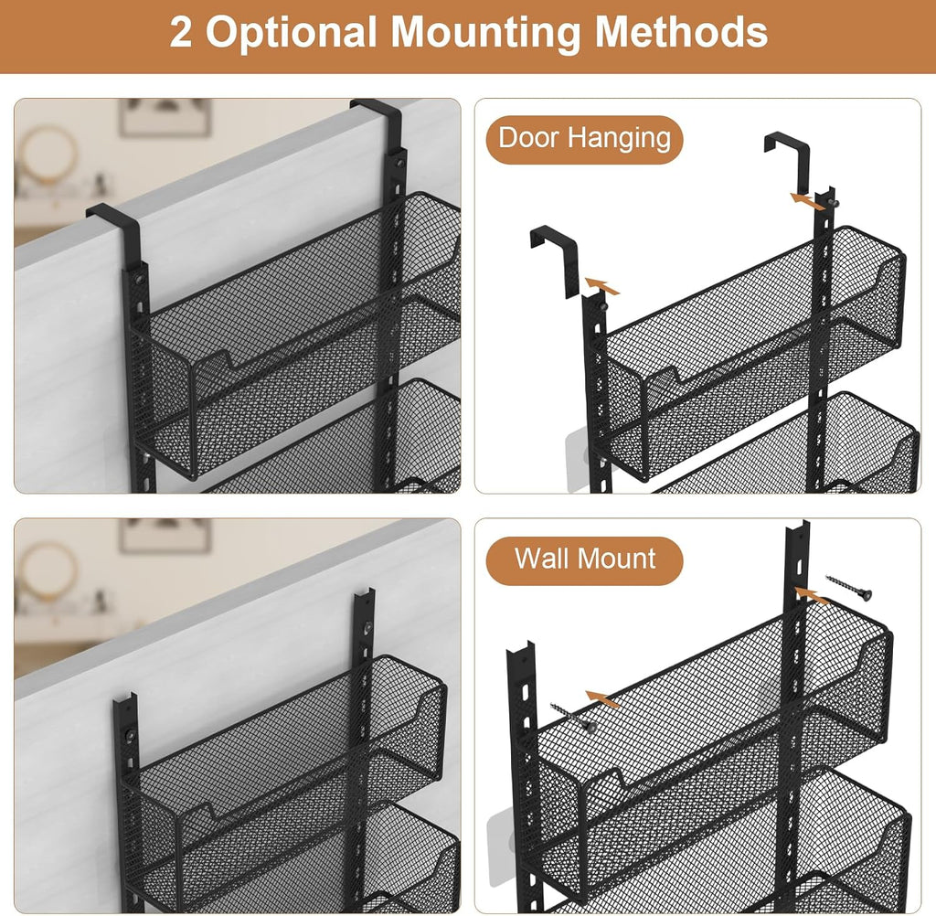 VyGrow Over The Door Organizer, Metal Door Organizer Hanging with 5 Adjustable Baskets and Coat Hook, Behind The Door Storage for Bedroom Closet Bathroom Pantry Cabinet Kitchen, Black