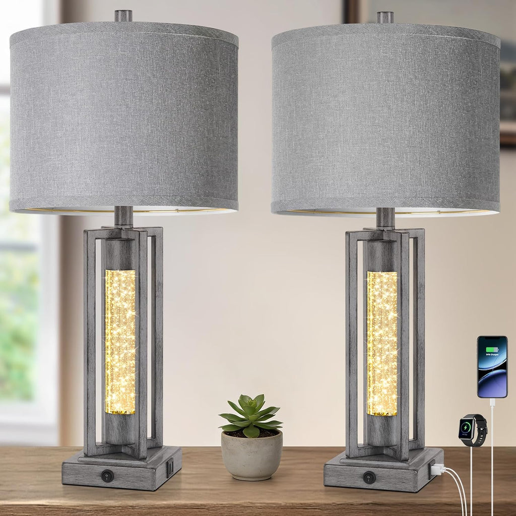 TOBUSA 26’’ Farmhouse Table Lamps for Living Room Set of 2, Modern Nightstand Lamps with Crystal Night Light & 2 USB Ports, Vintage Home Decor Grey Bedside Lamps with Gray Linen Shade for Bedroom
