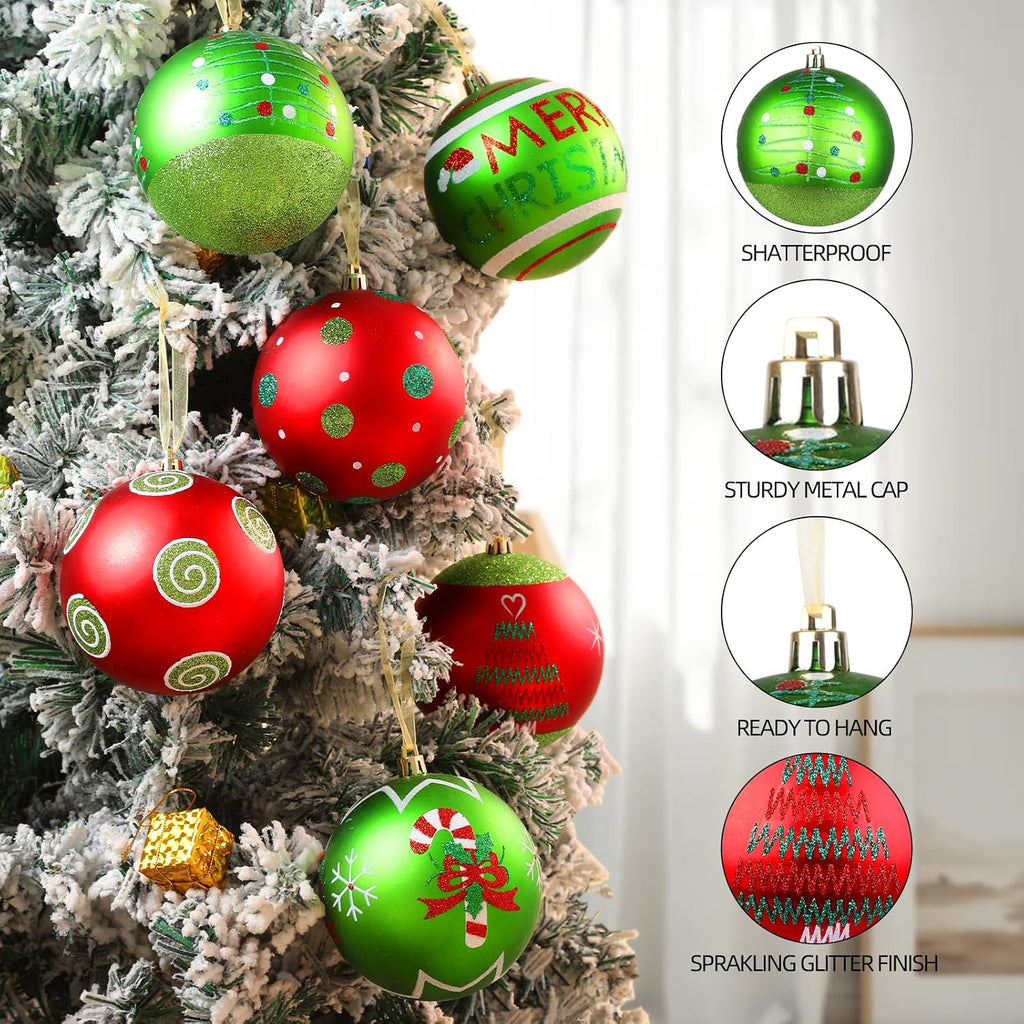 Lanpn 6Pcs 4" Large Outdoor Christmas Ornaments, Xmas Tree Elf Swirl Ball Decoration, Big Red Green Christmas Ornament, Giant Glittering String Ball Plastic Hanging Decor for Lawn Yard Holiday Party