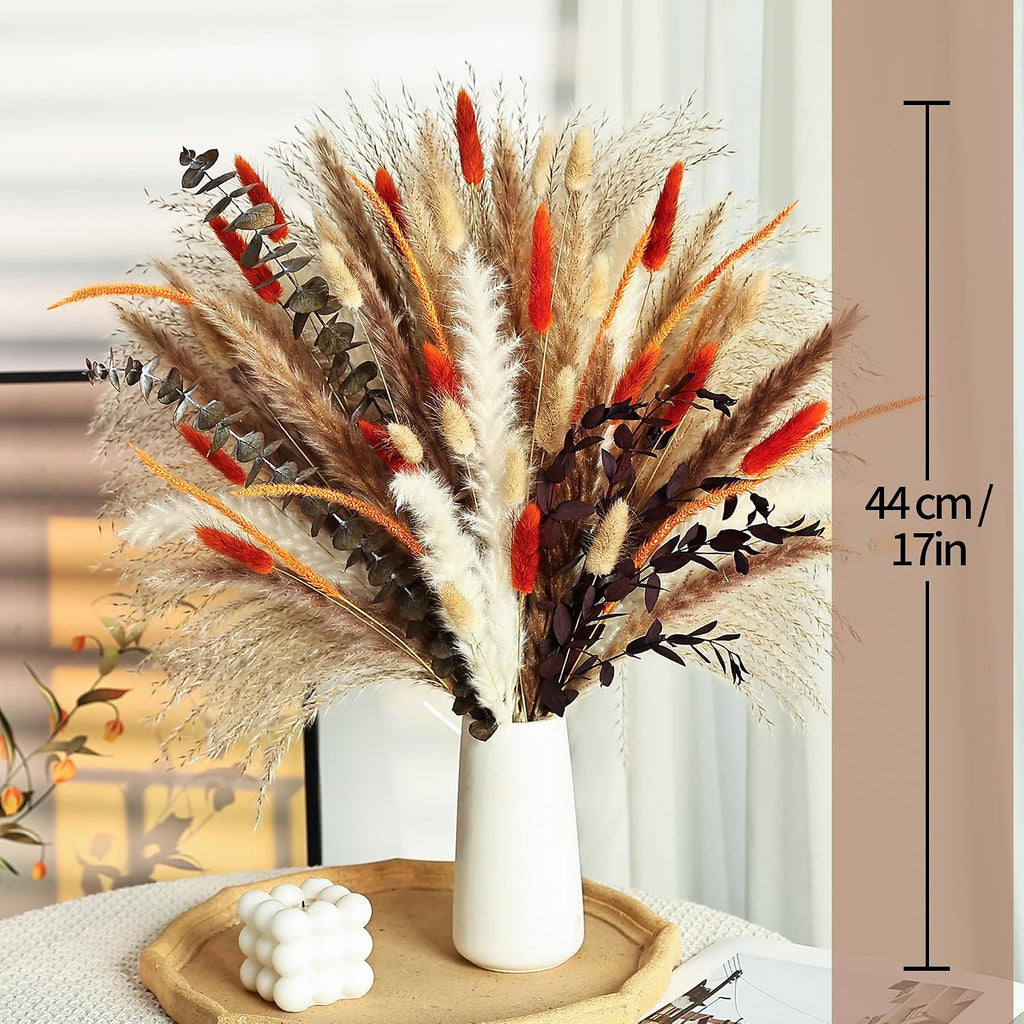 Burnt Orange Rustic Dried Flower Bouquet – Natural Pampas Grass, Eucalyptus & Bunny Tails in Farmhouse-Inspired Floral Arrangement for Home and Event Decor (Hearthlight Amber)