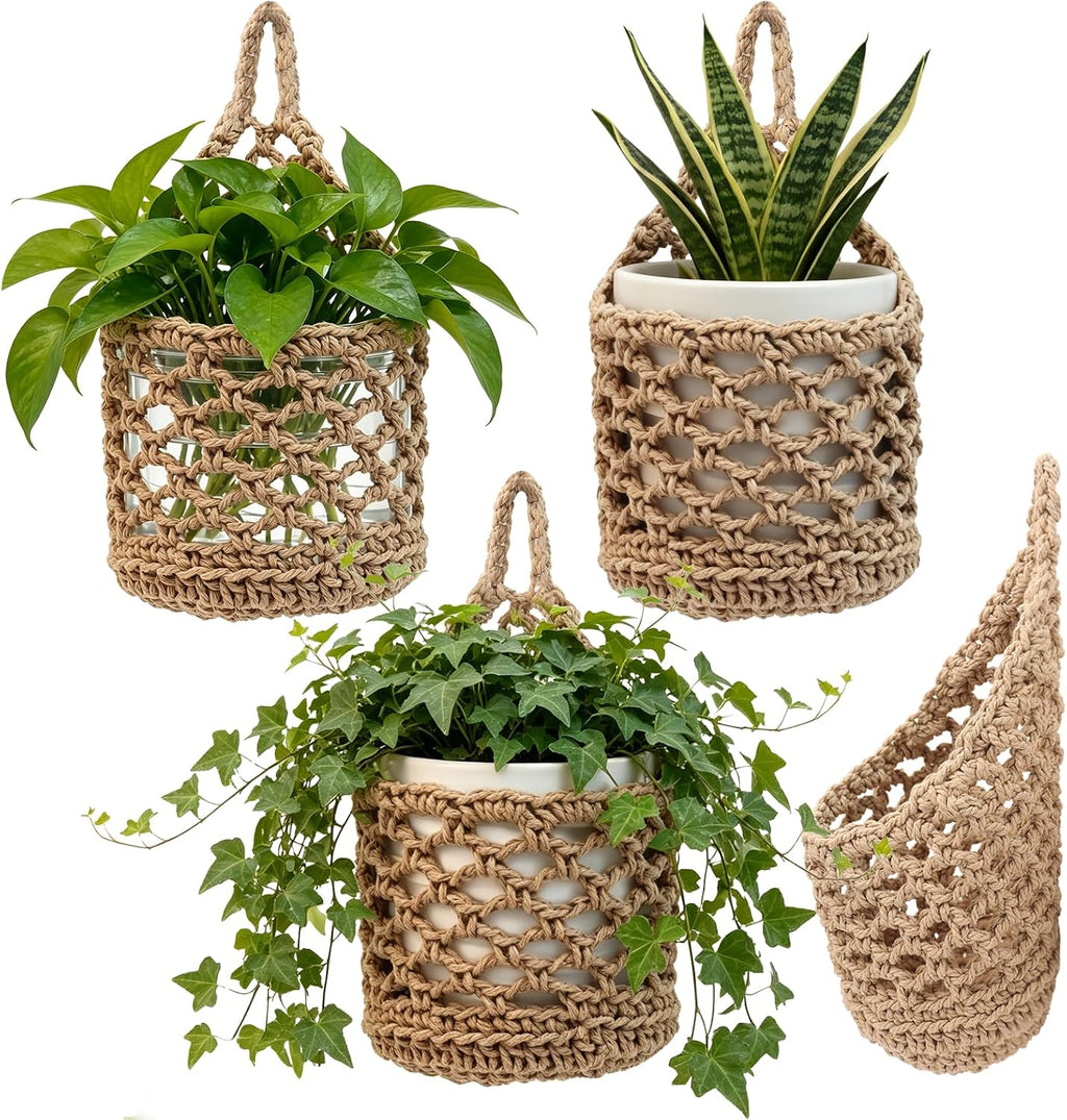 4-Pack 5-Inch Macrame Wall Plant Hangers Fits 4–5" Pots Up to 5" Tal, Natural Cotton Hanging Planter Baskets for Indoor Plants, Boho-Style Woven Plant Baskets for Walls