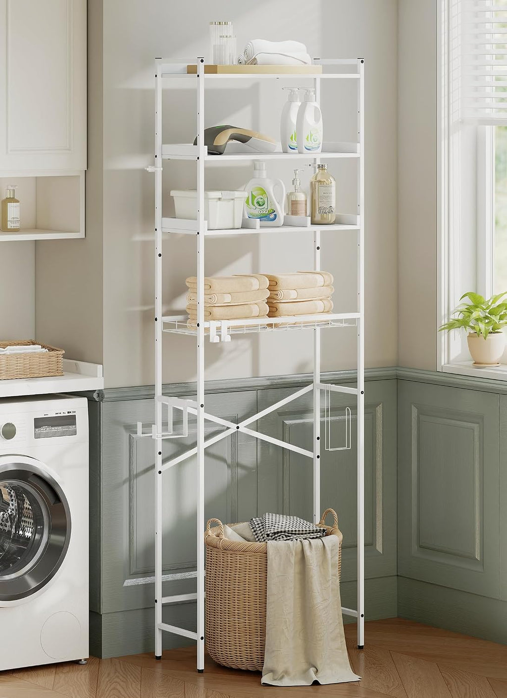 Quikraen 4 Tier Over The Toilet Storage Shelf with 3 Adjustable Shelves, Space Saver Bathroom Organizer with 4 Hooks, Freestanding Above Toilet Rack for Restroom Laundry (White)