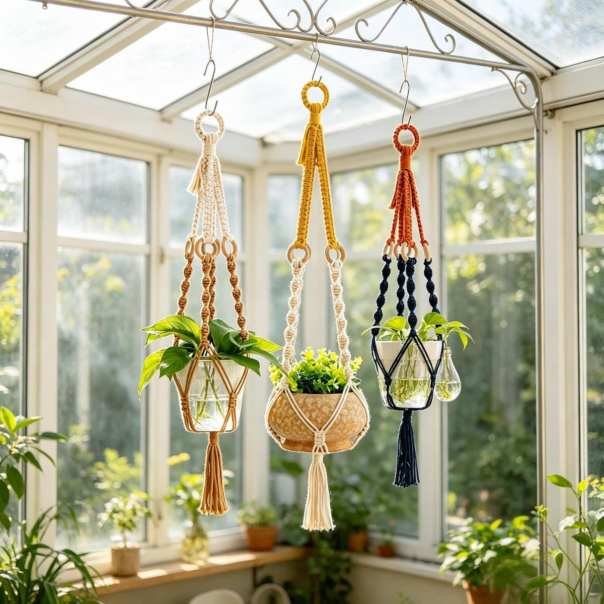 Macrame Plant Hangers Indoor, 3 Pack Ceiling Flower Pot Holder Macrame Plant Pots, Decorative Boho Plant Holders Set Macrame Hanging Planters（Does not Include Flower pots or Green Plants）