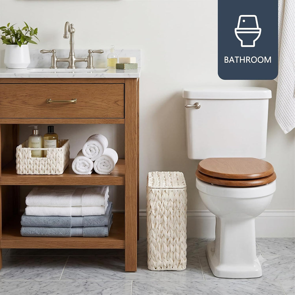 Wicker Trash Can with Lid & Liner, Small Bathroom Waste Basket, Cream White
