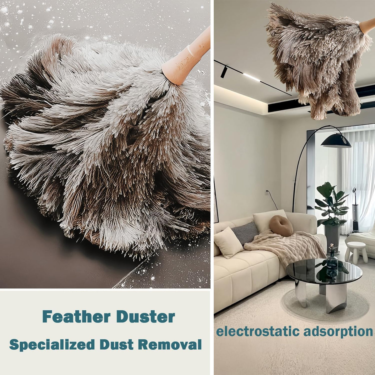 DDZMZ Ostrich Feather Duster for Cleaning with Wooden Handle, 16", Brown