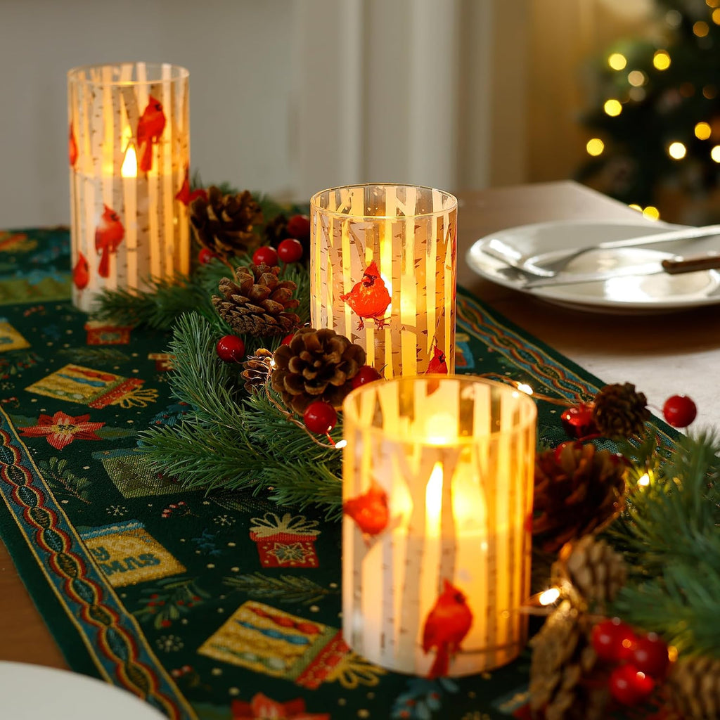 Cardinal Flameless Candles with Remote and Timer, 3 Pack Real Wax LED Glass Pillar Candles Battery Operated Flickering 3D Wick Red Bird Candles for Christmas Holiday Home Decor (3”x4”5”6”)