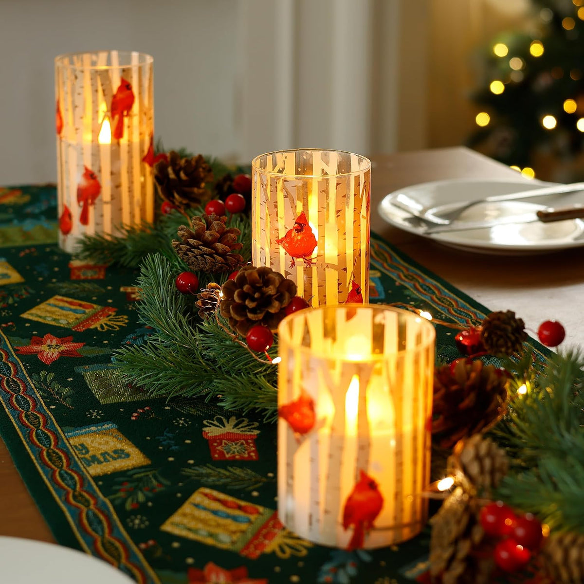 Cardinal Flameless Candles with Remote and Timer, 3 Pack Real Wax LED Glass Pillar Candles Battery Operated Flickering 3D Wick Red Bird Candles for Christmas Holiday Home Decor (3”x4”5”6”)