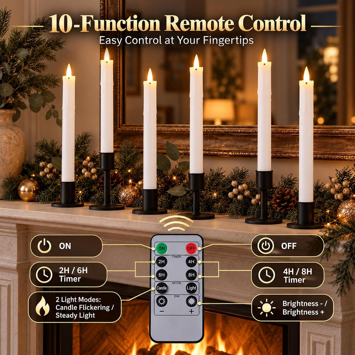 Fanna 6-Pack Rechargeable Led Taper Candles with Charging Panel, H 9.8"