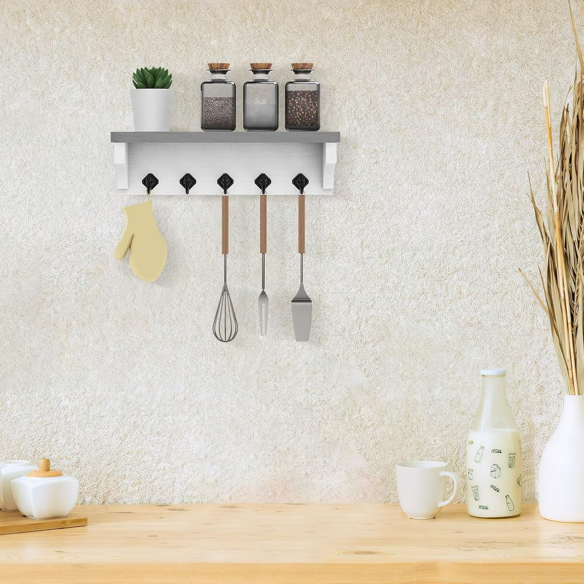 Nekon Key Holder for Wall, 11.8" W x 3.5" H x 2.8" D Wall Shelf, Gray