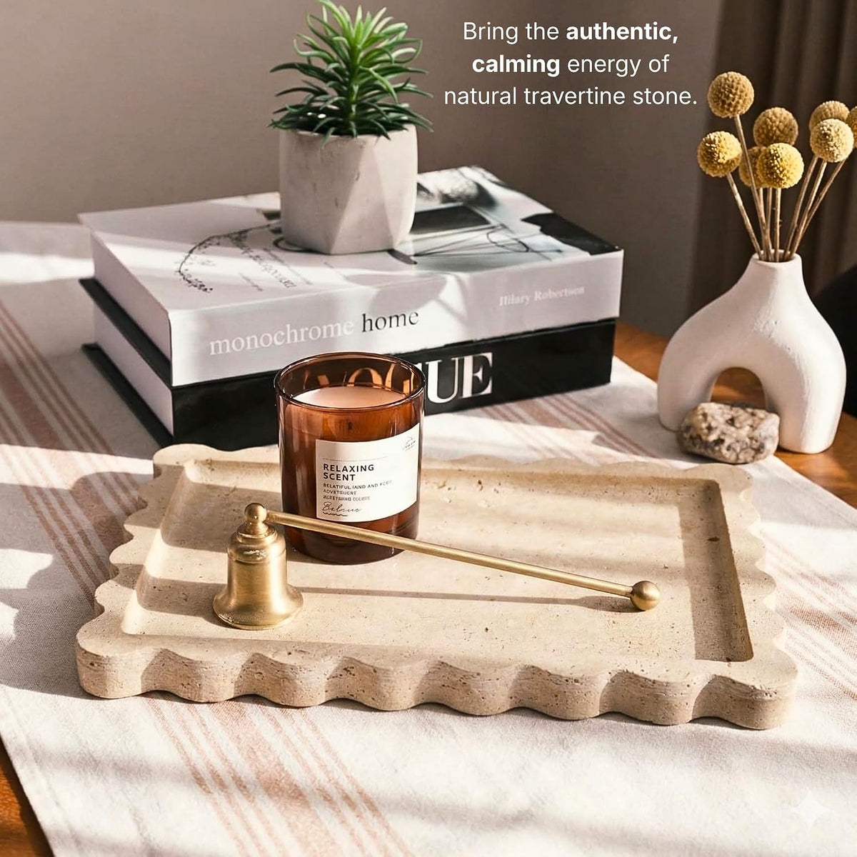 Scalloped Travertine Tray, Elegant Decorative Natural Marble Tray for Vanity, Bathroom, Kitchen and Home Decor, Pure Natural Stone, Premium Packaging, Large (12"x 8")