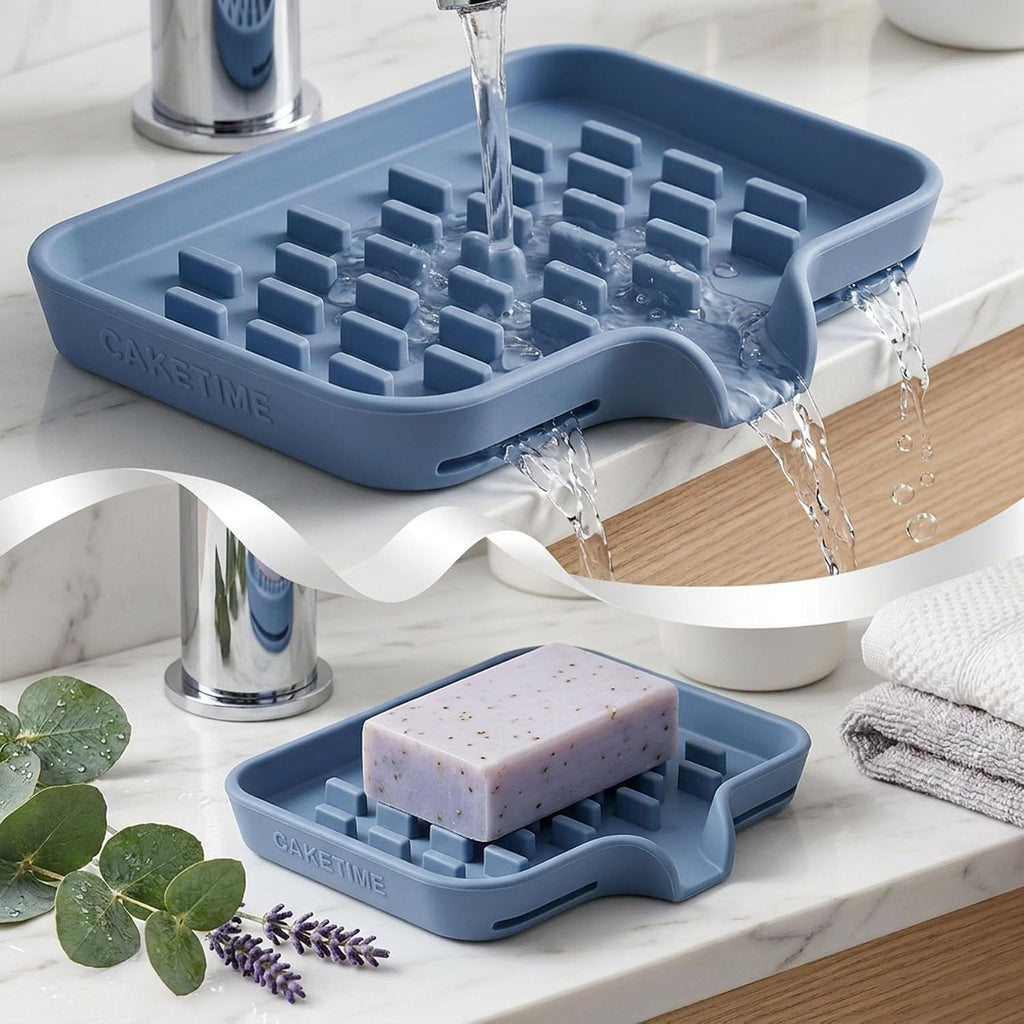 CAKETIME 2 Pack Silicone Soap Dish with Drainage Holes for Bathroom Shower Caddy Kitchen Counter Sponge Holder Bar Sink Organizer Tray Container Drying Accessories Small Case Saver Box Stuff Blue