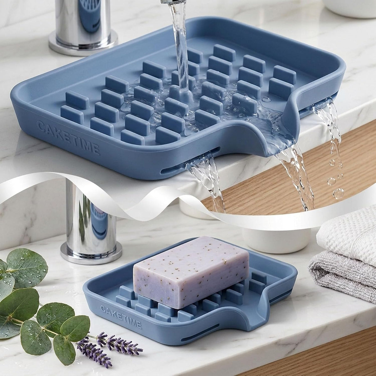 CAKETIME 2 Pack Silicone Soap Dish with Drainage Holes for Bathroom Shower Caddy Kitchen Counter Sponge Holder Bar Sink Organizer Tray Container Drying Accessories Small Case Saver Box Stuff Blue