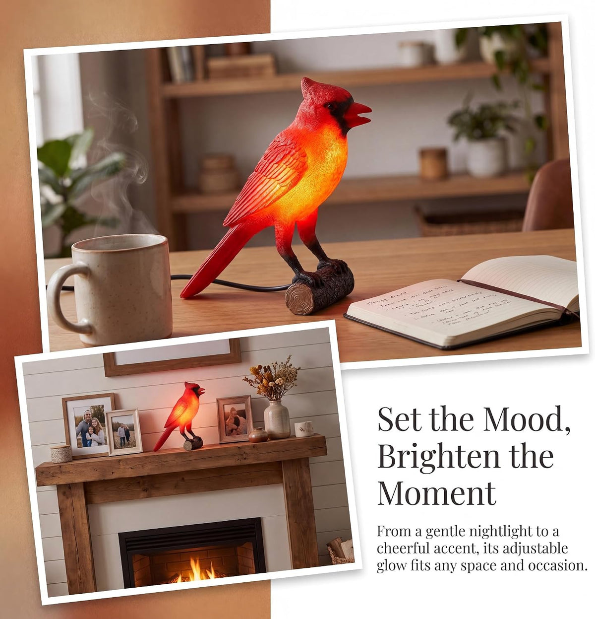 OVANUS Cardinal Lamp, Red Resin Bird Night Light with Dimmer