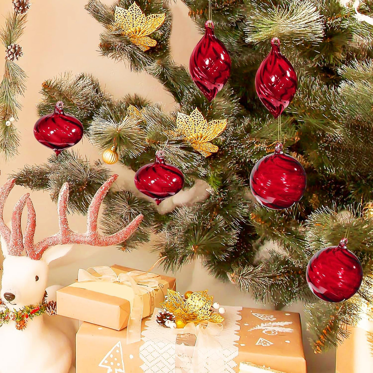 6 PCS Glass Christmas Ball Ornaments, Hand Blown Ornaments Hanging Balls,Glass Xmas Tree Home Wedding Birthday Party Holiday Decorative Set (Red)