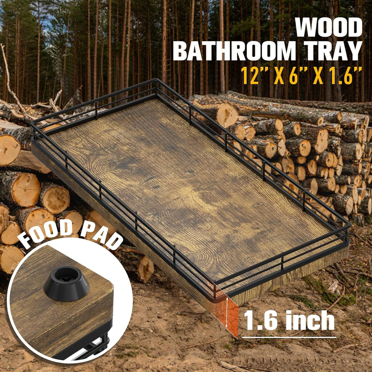 Bathroom Vanity Tray for Countertop, 12" x 6" Wood Toilet Tank Tray