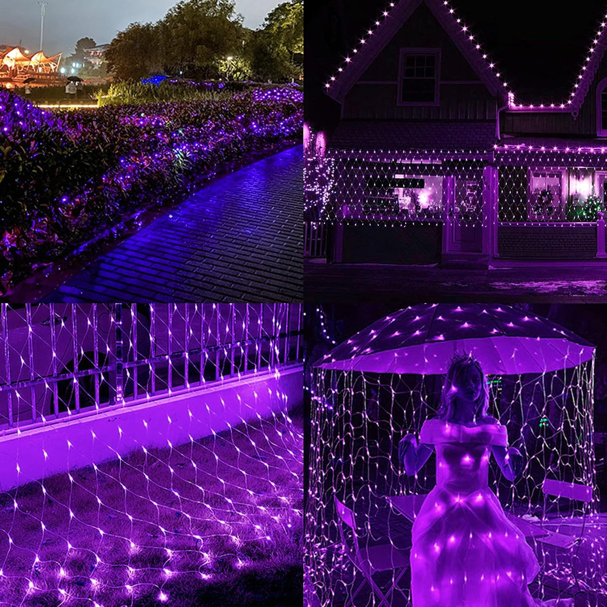 LJLNION Christmas Net Lights, 360 LED 12ft x 5ft Connectable Christmas Mesh Fairy String Lights,8 Modes Low Voltage Safe Adaptor for Xmas Trees, Bushes, Wedding, Outdoor Garden Decorations, Purple
