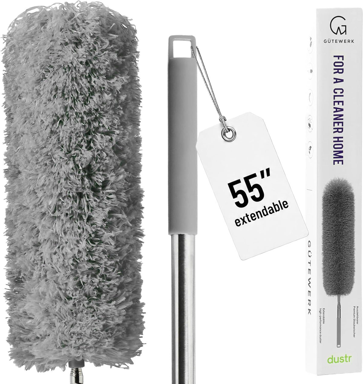 Gütewerk Extendable Microfiber Duster, 360° Bendable Head, 55 Inch Grey