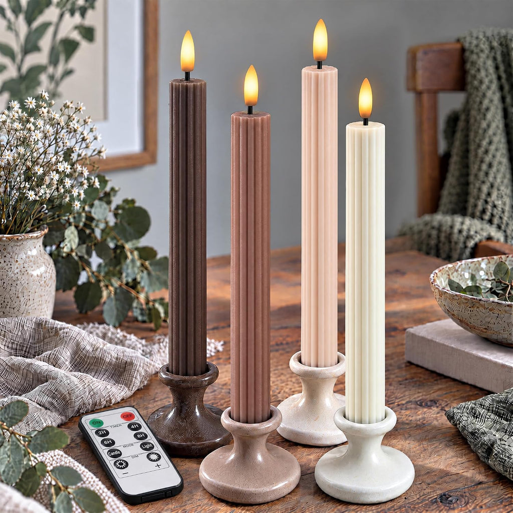 Coordinated Chocolatey Mocha Brown 4 Pack, 10" Real Wax LED Flameless Fluted Ribbed Grooved Taper Candles, Remote & Timer Memory, On/Off Button, Dimmable, Battery Operated, Menorah Wedding