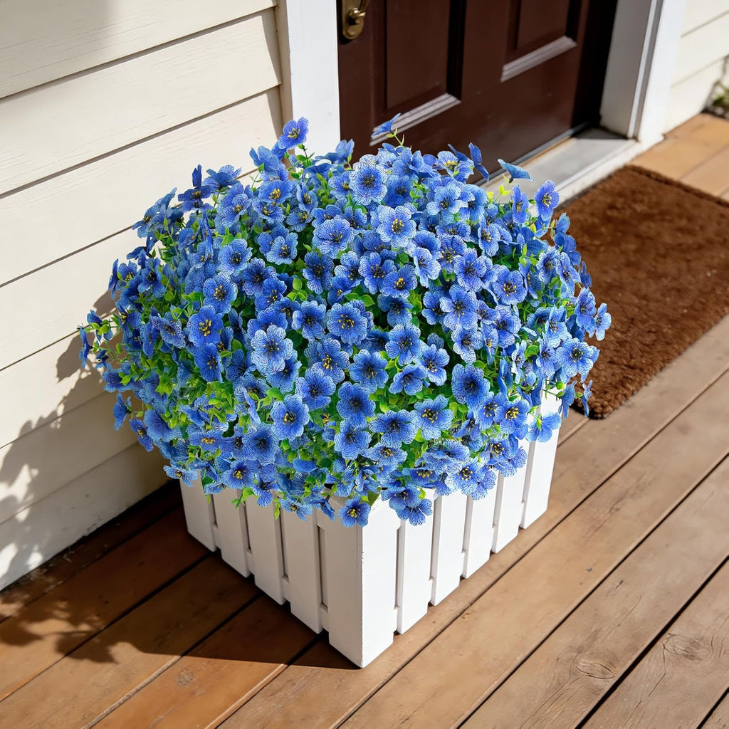 12 Bundles Artificial Flowers for Outdoors, Fake Silk Plastic Flowers for Outside, UV Resistant Faux Plants for Outside Garden Porch Window Home Planters Decoration (Blue)