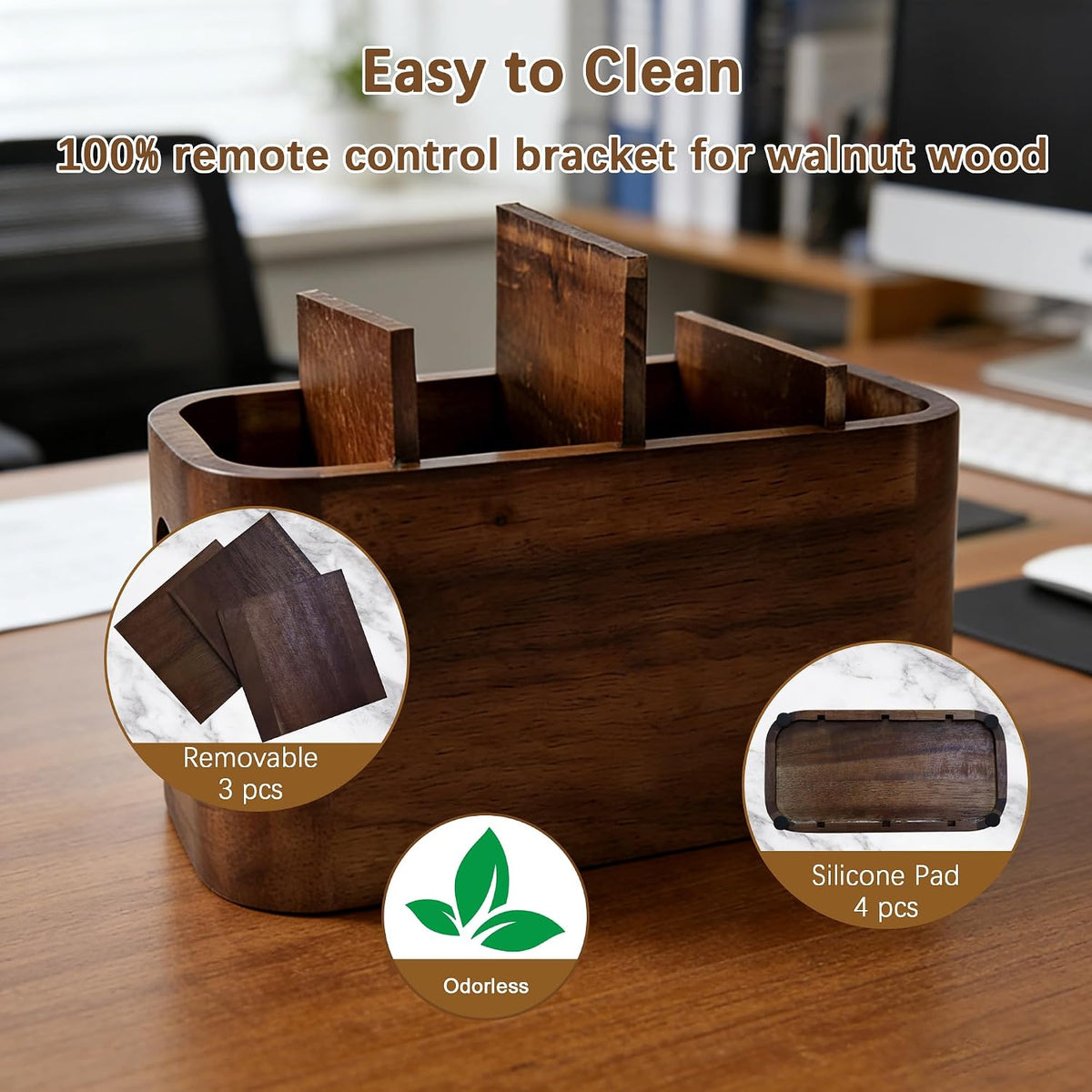 Acacia Wood Remote Control Holder, Walnut Color TV Remote Holder with 4 Adjustable Compartments, Wooden Remote Caddy Organizer for Table, Desk, Nightstand, Living Room, Office